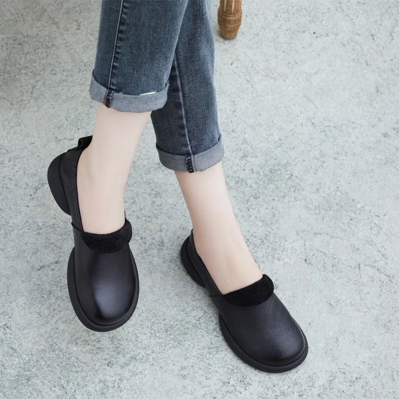 Women Retro Soft Cowhide Solid Flat Loafers