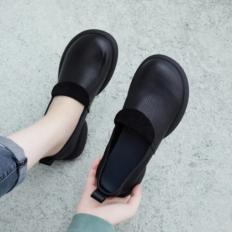 Women Retro Soft Cowhide Solid Flat Loafers