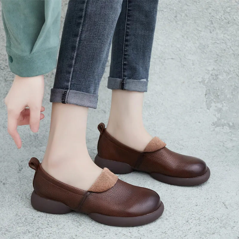 Women Retro Soft Cowhide Solid Flat Loafers