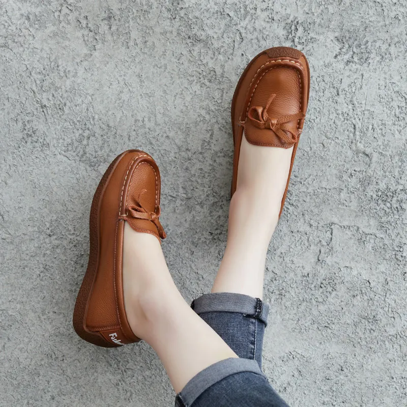 Women Spring Soft Cowhide Retro Casual Loafers