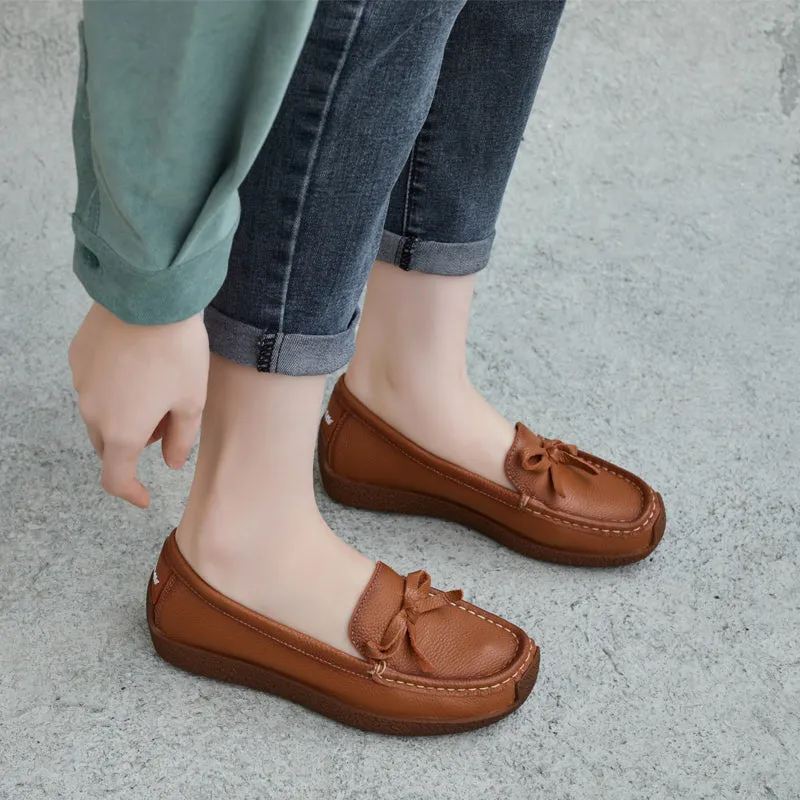 Women Spring Soft Cowhide Retro Casual Loafers