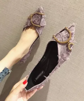 Women Zircon Splicing Pointed Toe Flat Shoes Purple Cotton Fabric